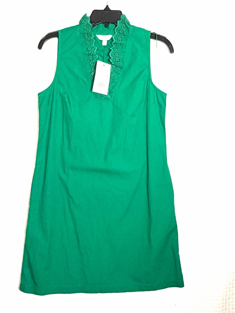 NWT Crown & Ivy Dress Eyelet Scalloped Neck Mini Pockets Cotton Lamar Green XS